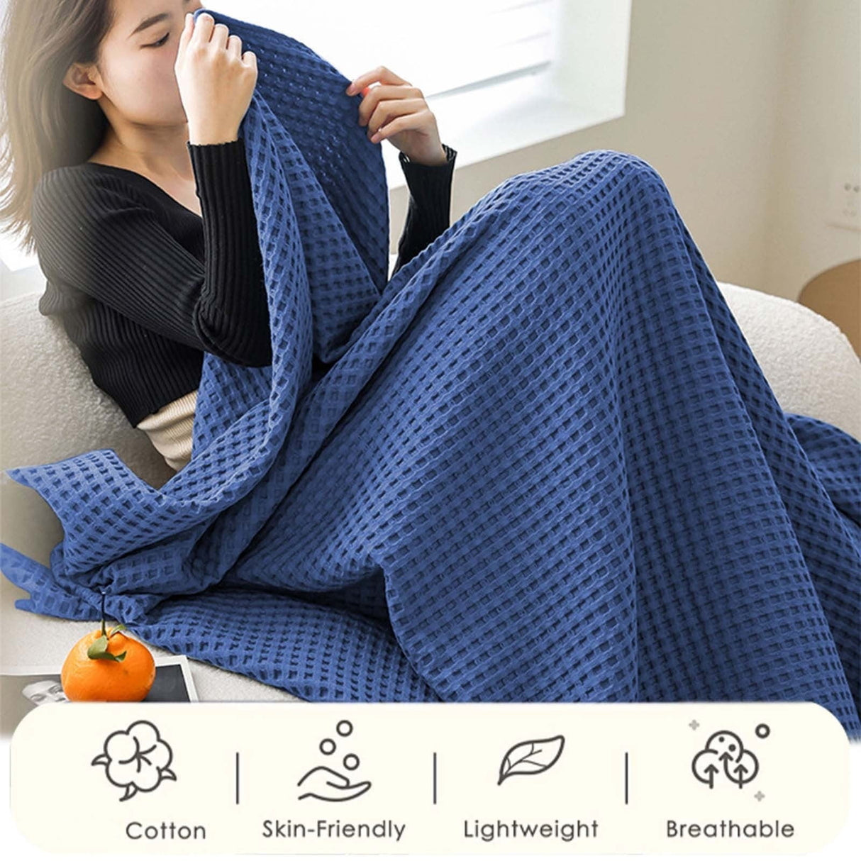 Lightweight Waffle Weave Blanket Queen Size, Breathable & Ultra Soft, 43.30"x 59.05" Soft & Cozy Thin Blanket, Perfect for Summer & Hot Sleepers, Bed, Home Decor - Mediterranea (Blue) 43.30" x 59.05" White