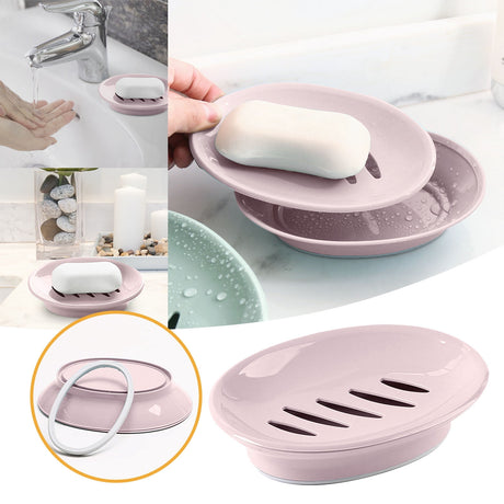 Oval Plastic Soap Dish - Double Compartment Drain Tray| Bathroom & Kitchen Soap Holder for Face & Body Soap | Oval Shaped Soap Dish for Countertop & Shower Use(Pink) Pink