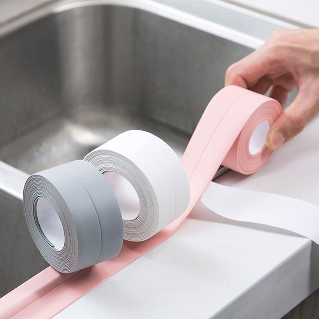Kitchen & Bathroom Mildew-Proof Caulk Tape,PE Self-Adhesive Waterproof Sealing Strip for Bathtub, Shower & Toilet,Waterproof Caulk Strip, Bathroom Caulk Tape, Kitchen Sealing Tape(Grey) C