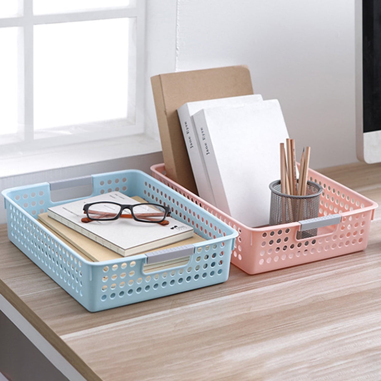 A4 Paper Trays with Grip Handles, 10.43x6.77x2.87"Heavy Duty Book Baskets for Library, Drawers, Office, Home, Desk, Turn in Trays, Plastic Storage Baskets (White/1 Pcs) 10.43" x 6.77" x 2.87" Green