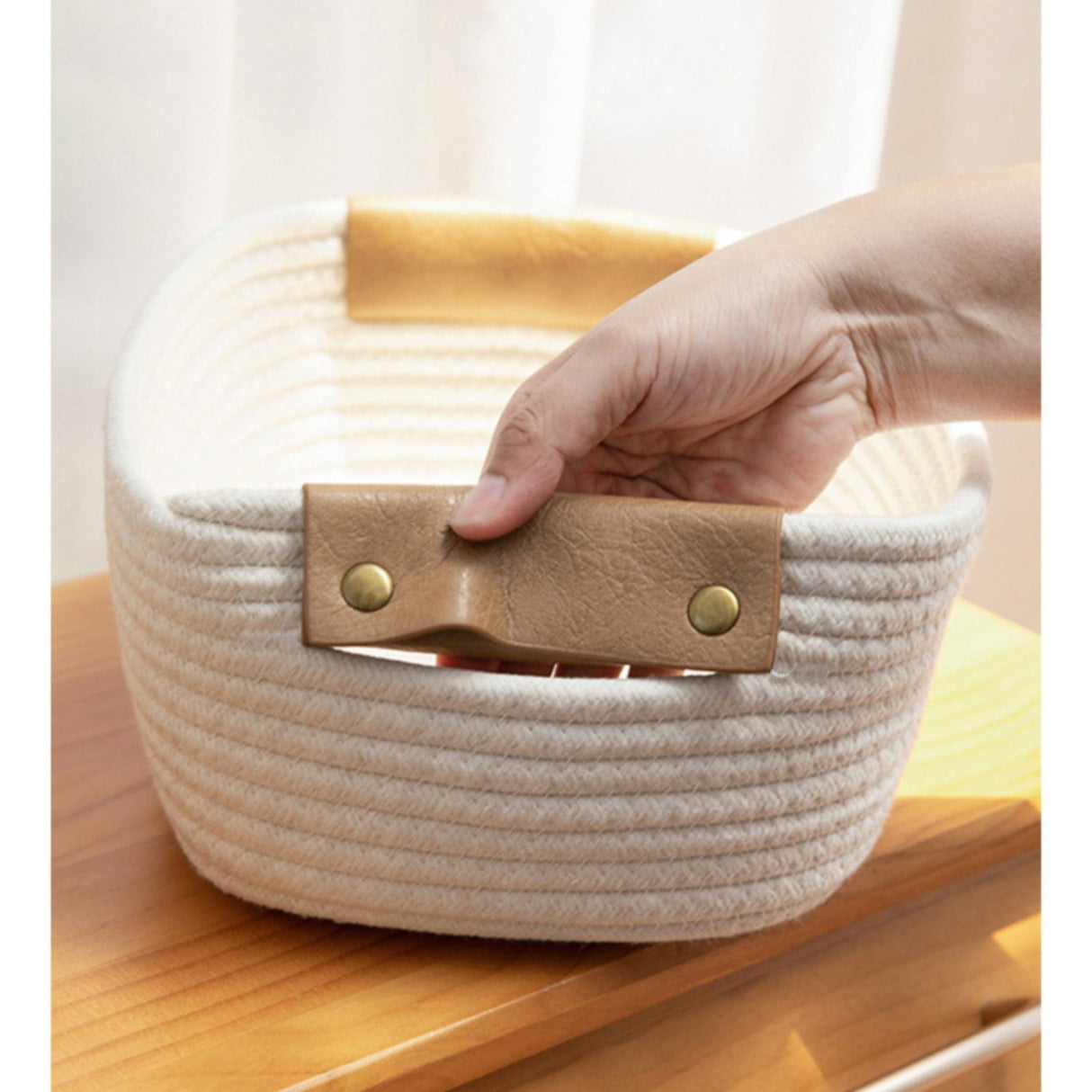 Cotton Woven Basket with PU Leather Handle, Clothes Toys Candy Gifts Cotton Rope Organizer, Living Room Basket Bathroom Shower Storage Laundry Basket, Dog Cat Bed, Fall Basket, 11.02x8.66x4.33 12.59" x 9.44" x 5.11" Coffee