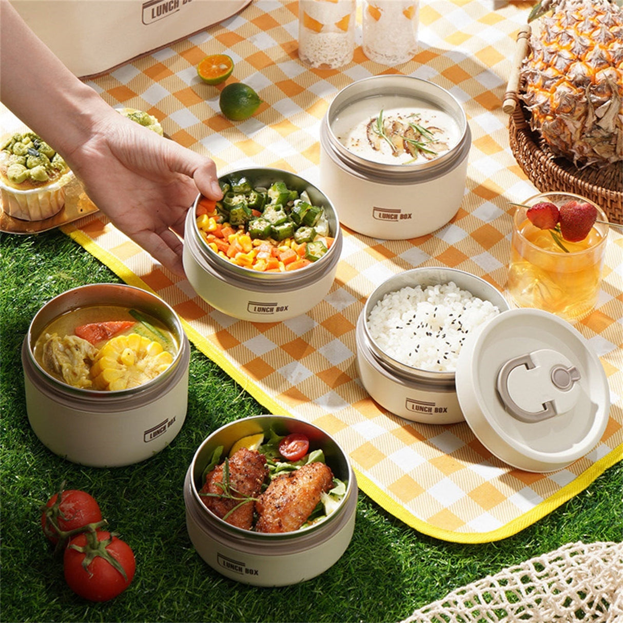 Insulated Lunch Box,Thermo Food Jar for Hot Food,Lunch Containers Wide Mouth Vacuum Insulated Stainless Steel Leakproof Lunch Box,Portable Stainless Steel Food Container,Thermal Food Container,Brown 420ML(2PCS)+620ML(1PCS) Blue