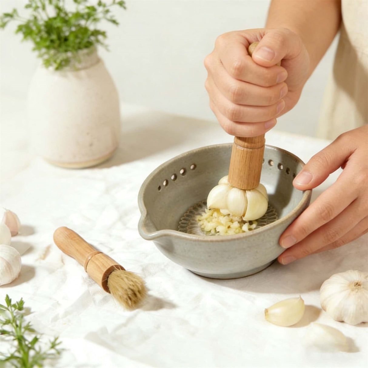 2-in-1 Stoneware Kitchen Grater Plate Tools, Handmade Garlic Grater & Herb Bowl, Efficient Stoneware Herb Stripping Tool,5 Hole Sizes,with Drainage Port, Handmade Garlic Shredder Bowl