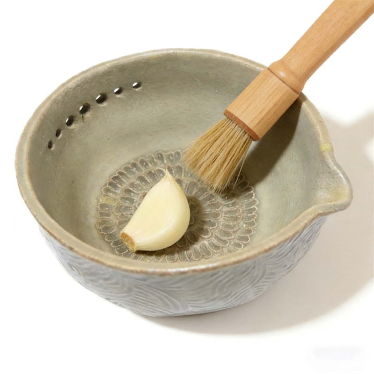 2-in-1 Stoneware Kitchen Grater Plate Tools, Handmade Garlic Grater & Herb Bowl, Efficient Stoneware Herb Stripping Tool,5 Hole Sizes,with Drainage Port, Handmade Garlic Shredder Bowl