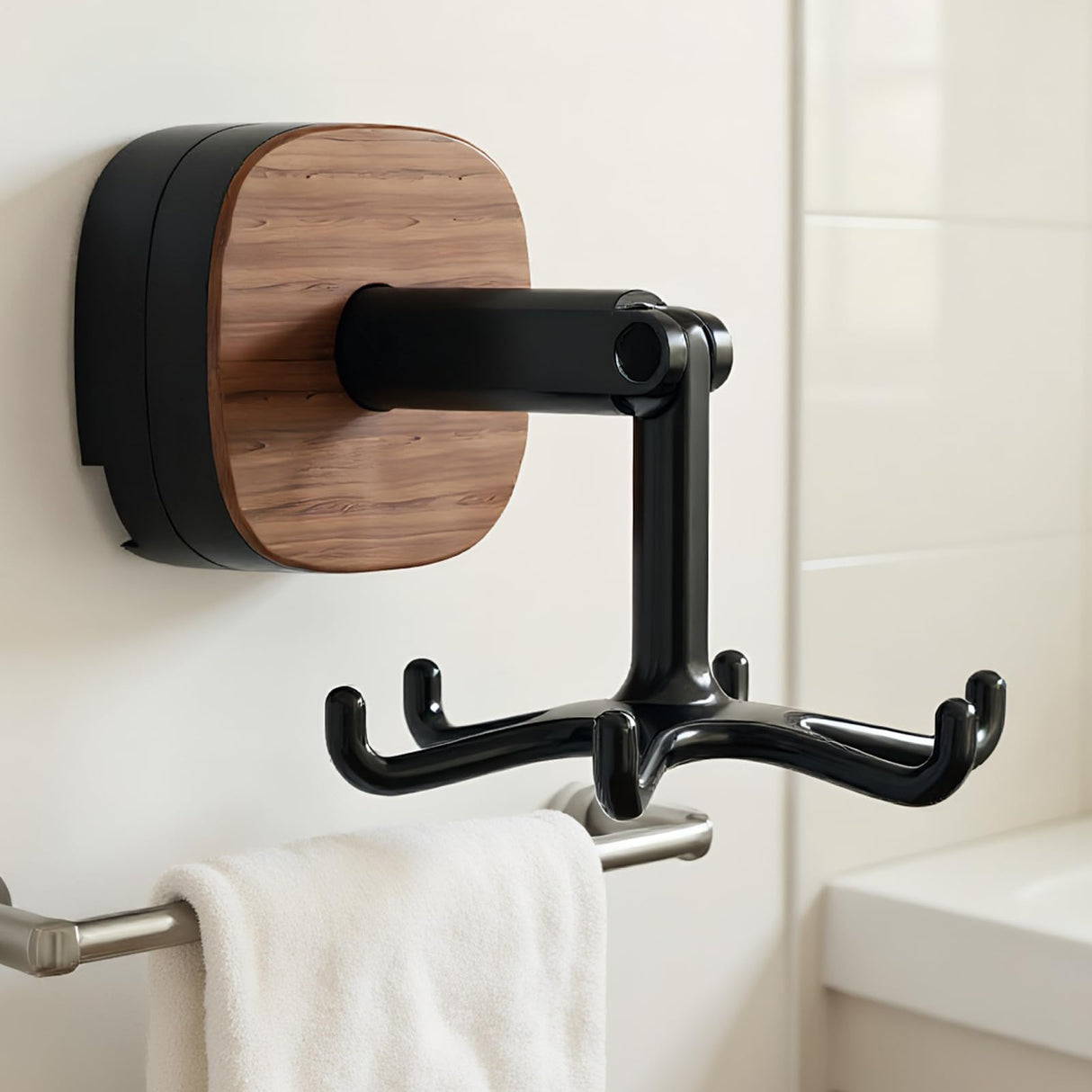 Rotating Kitchen Rack - Utensil Holder - Self-Adhesive Wall Hook - Kitchen Organizer - Rotating Hooks - Adhesive Hook No Drilling - Spatula Rack - Towel Hook - Mug Holder - Kitchen Cabinet Hanging System - Bathroom Hook - Black - 1 Piece