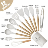 Kitchen Utensil Set - Silicone Spatula Set - Cooking Utensils with Holder - Wooden Spoons - Non-Stick - Pan Scrapers - Heat Resistant - Whisk - Serving Tongs - Baking Utensils - Kitchen Starter Kit - Scratch-Free - White - 12 Pieces