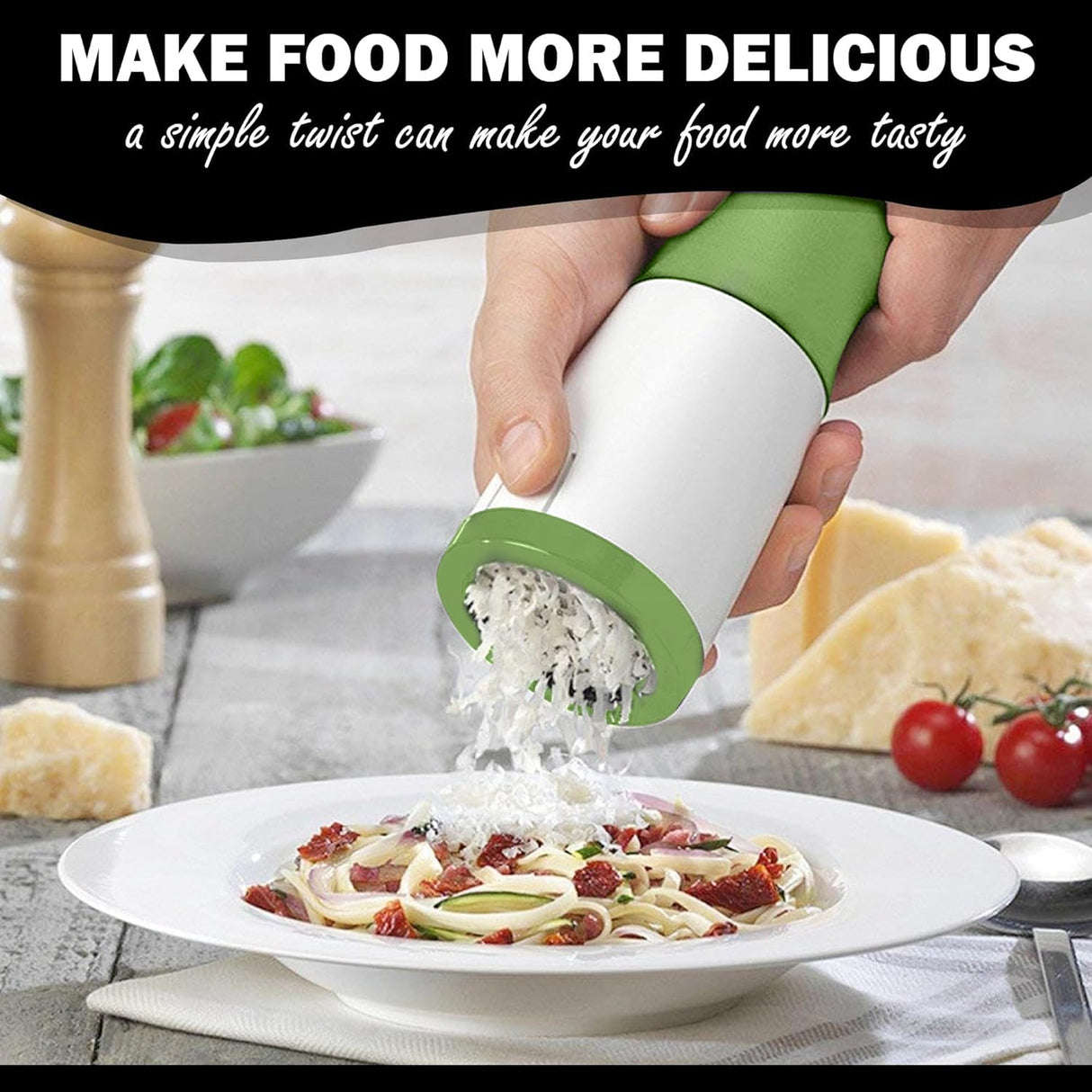 Cheese Mill - Cheese Grater - Parmesan Grater - Herb Mill - Manual Grater - Nut Grinder - Chocolate Grater - Kitchen Aid - Rotating Grater - Kitchen Utensils - Stainless Steel Blades - Hard Cheese Mill - Dishwasher Safe - White and Green - 1 Piece