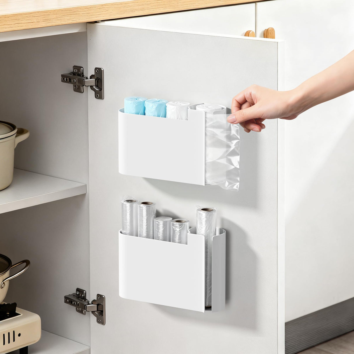 Kitchen Cabinet Organizer - Spice Rack - Door Rack - Kitchen Accessories - Storage Rack - Sink Cabinet Organizer - Garbage Bag Holder - No Drilling - Cabinet Interior - Kitchen Aid - Space Saving - Bathroom Organizer - Adhesive - White - Pack of 2