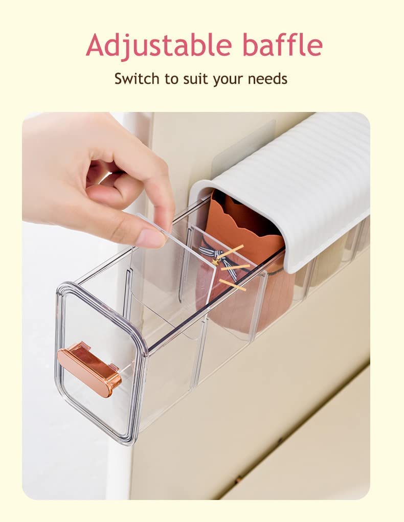 Underwear organizer - Sock organizer - Wardrobe organizer - Wall mounted - No drilling - Storage box with 6 compartments - Lingerie storage - Self-adhesive - Cable organizer - Transparent - Storage system - Space saving - White - 1 piece