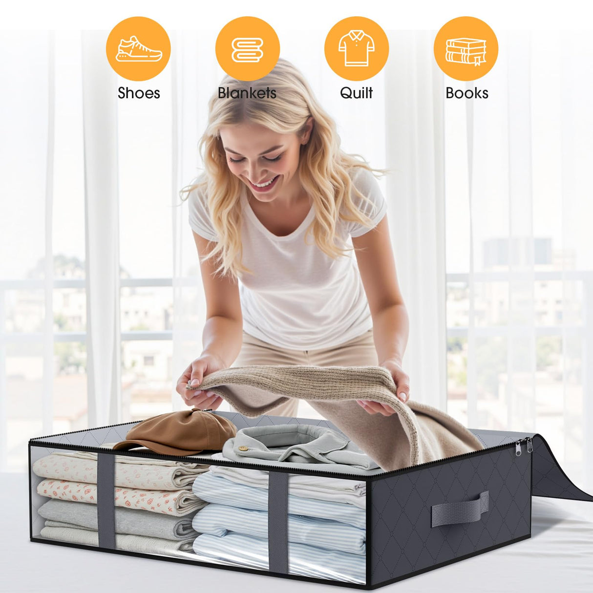 Clothing Storage Bag - Underbed Storage Box - Wardrobe Organizer - Duvet Storage Bag - Large Textile Storage Box - Foldable Storage Bags - Bedding Basket - Clothing Storage - Pillow Bag - Underbed Box Fabric - Storage - Gray - 3 Pieces