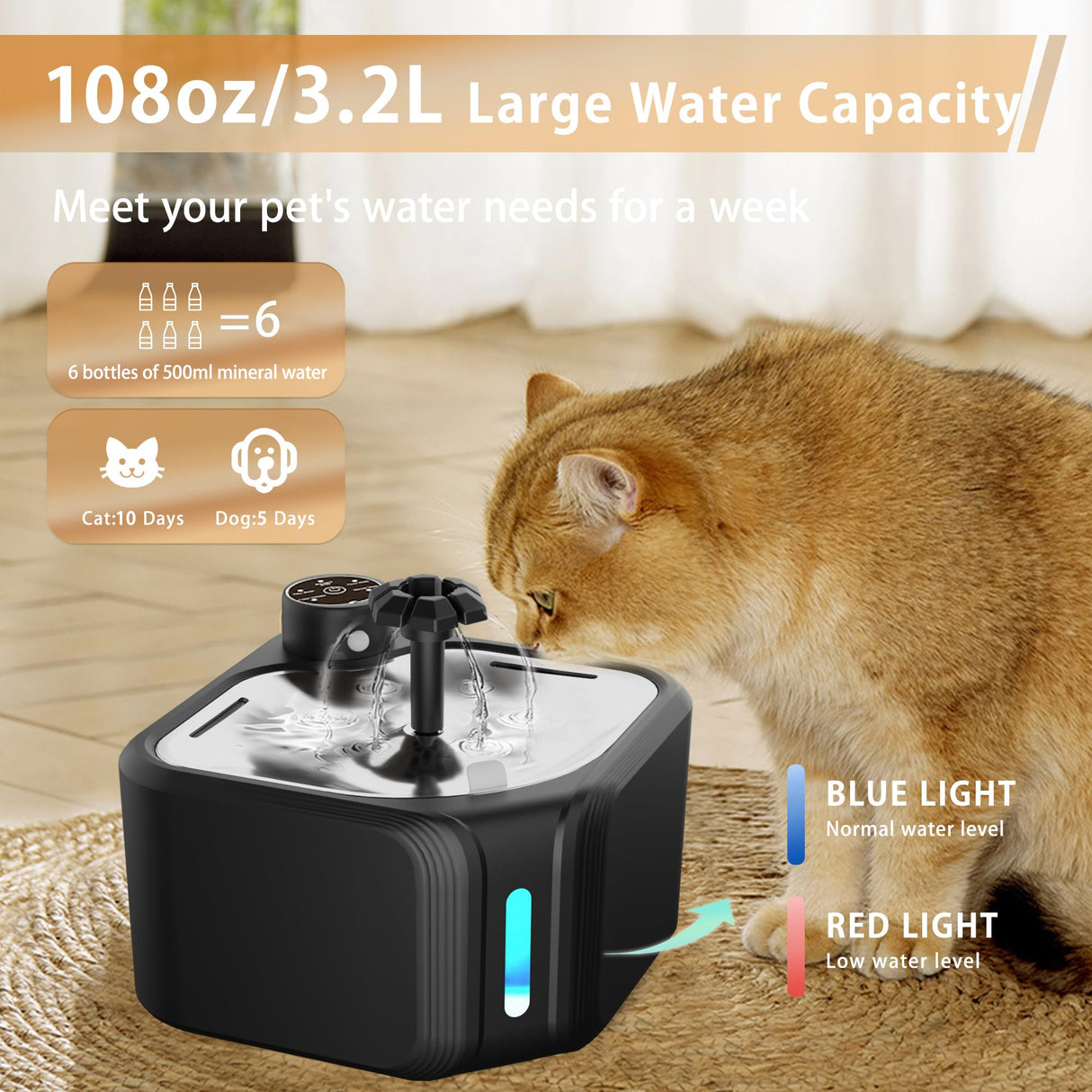 Cat Drinking Fountain - Water Fountain - Dog Drinking Bowl - Automatic Drinking Bowl - Cat Fountain - Dog Fountain - Water Dispenser - Whisper-Quiet - Includes 8 Filters - LED Lighting - Water Bowl - Pet Accessories - 2.8 Liters - Black - 1 Piece