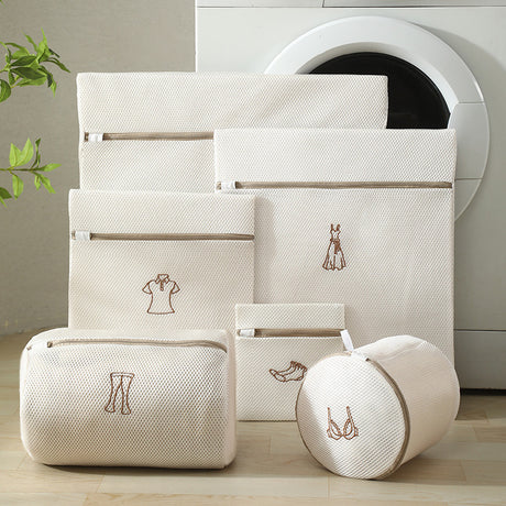 Laundry Bags - Laundry Bag Set - Laundry Net - Laundry Nets - Bra Wash Bag - Lingerie Wash Bag - Clothing Protection - Washing Machine - Protection - Organizer - Travel Organizer - Mesh - Fine Mesh - Honeycomb - Luxury - Embroidery - Beige - Set of 6