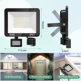 50W LED Floodlight with Motion Sensor IP67 Waterproof 5000LM 7000K Cool White