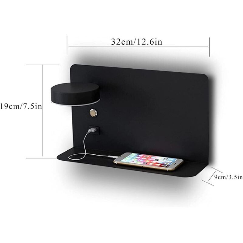 1 Pack Left Side 12W LED Reading Wall Lamp USB Charging 3 CCT Black