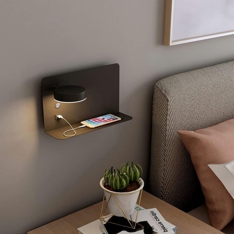 1 Pack Left Side 12W LED Reading Wall Lamp USB Charging 3 CCT Black