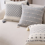 Walbest Boho Throw Pillow with Braided Rope Pattern And Tassels Soft Cotton Linen Textured Cushion for Sofa Bed Office 45x45cm B