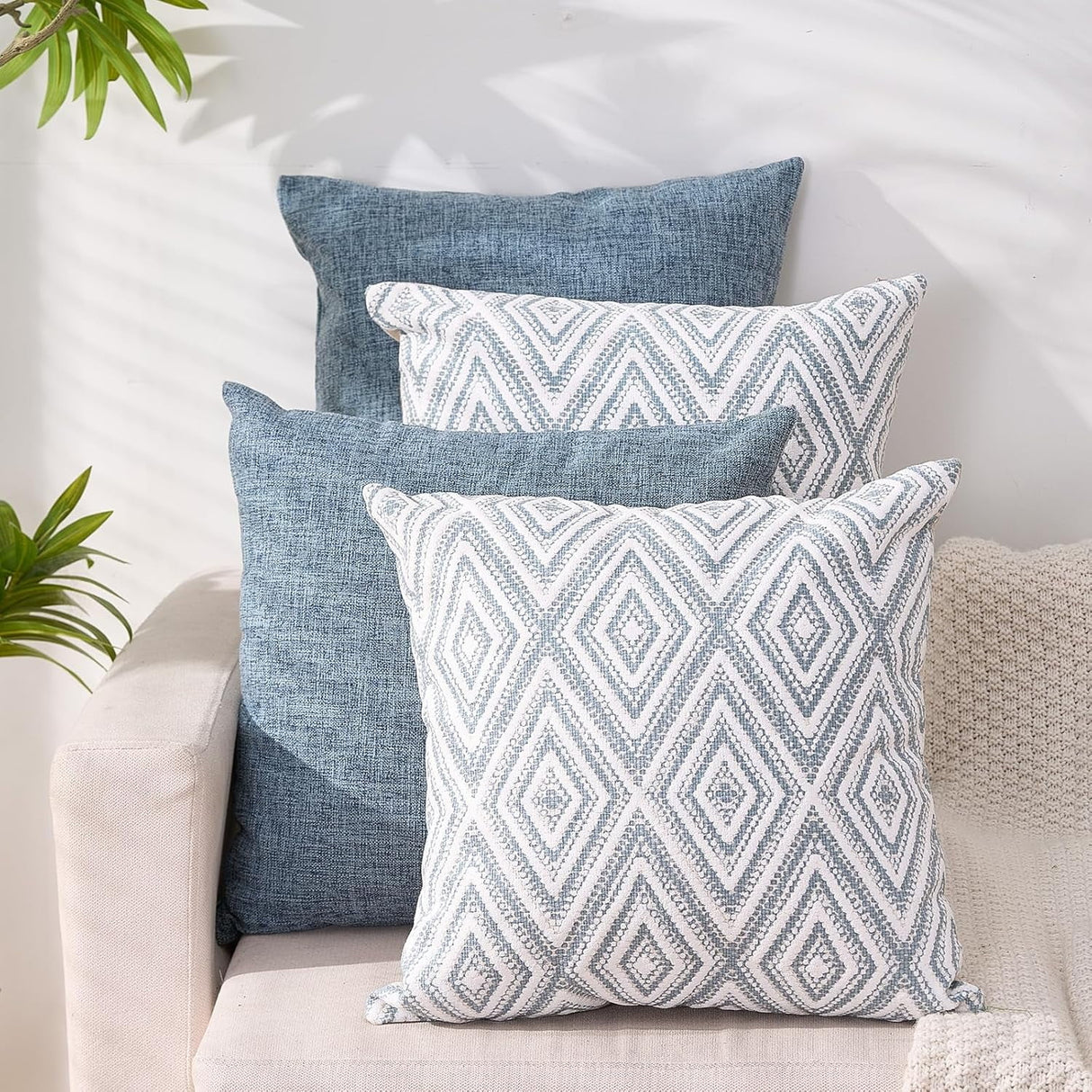 Decorative Set of 4 Square Couch Pillows Linen Cushion Cover for Couch Sofa Living Room, 18"x18" inches, Blue Blue 18x18 Inch Pillow Covers