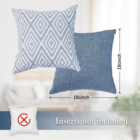 Decorative Set of 4 Square Couch Pillows Linen Cushion Cover for Couch Sofa Living Room, 18"x18" inches, Blue Blue 18x18 Inch Pillow Covers