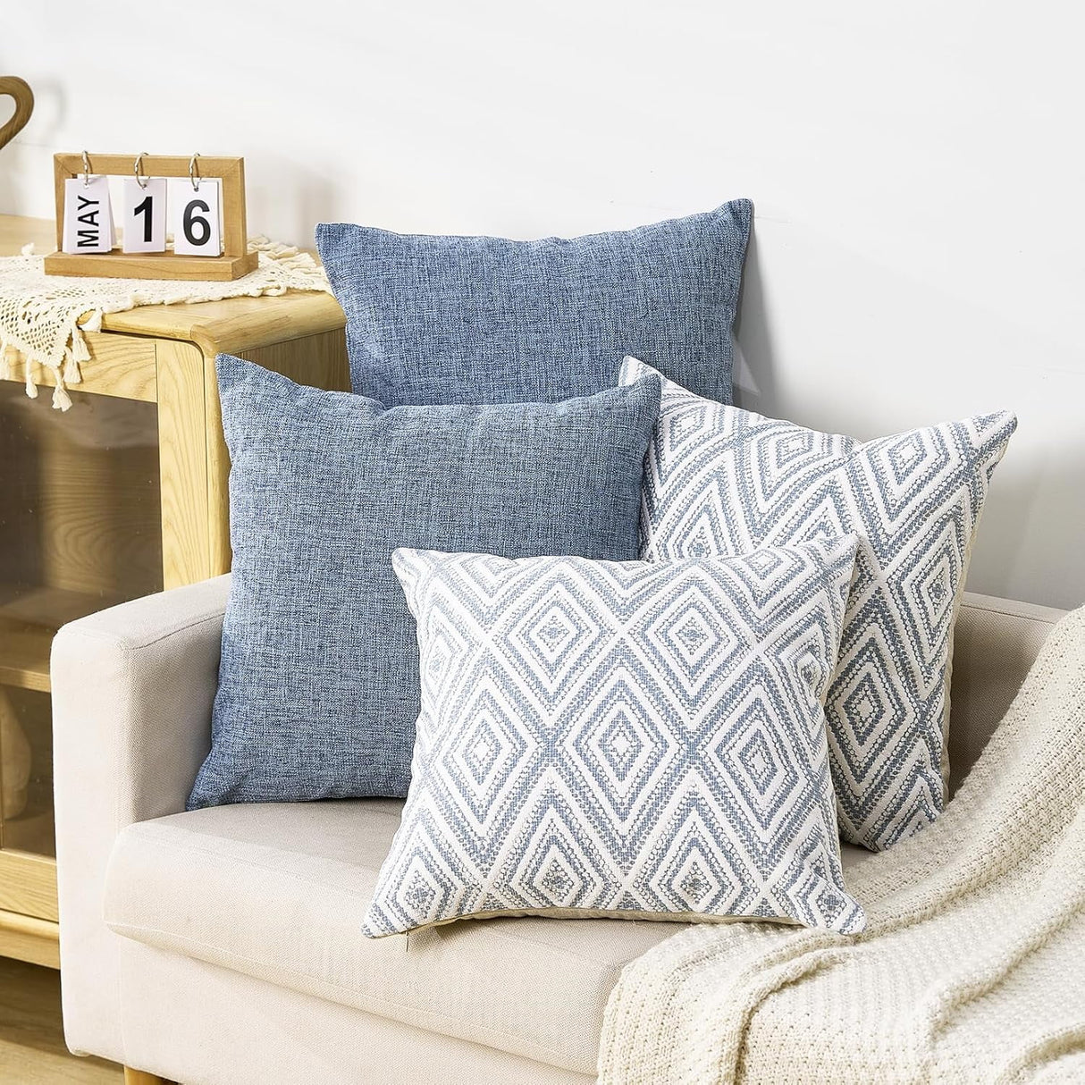 Decorative Set of 4 Square Couch Pillows Linen Cushion Cover for Couch Sofa Living Room, 18"x18" inches, Blue Blue 18x18 Inch Pillow Covers