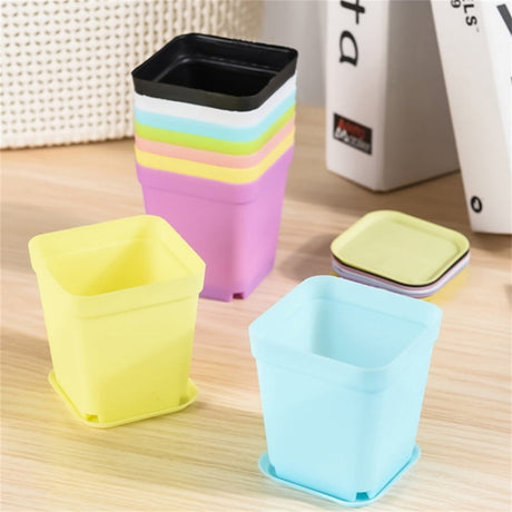 3 Inch Seedling Nursery Pots with Pallet,Colorful Flower Pots,Square Plastic Plant Pots,Succulent Planter with Drain Hole,for Garden Home Office Balcony Decor 8 Pieces Random Color