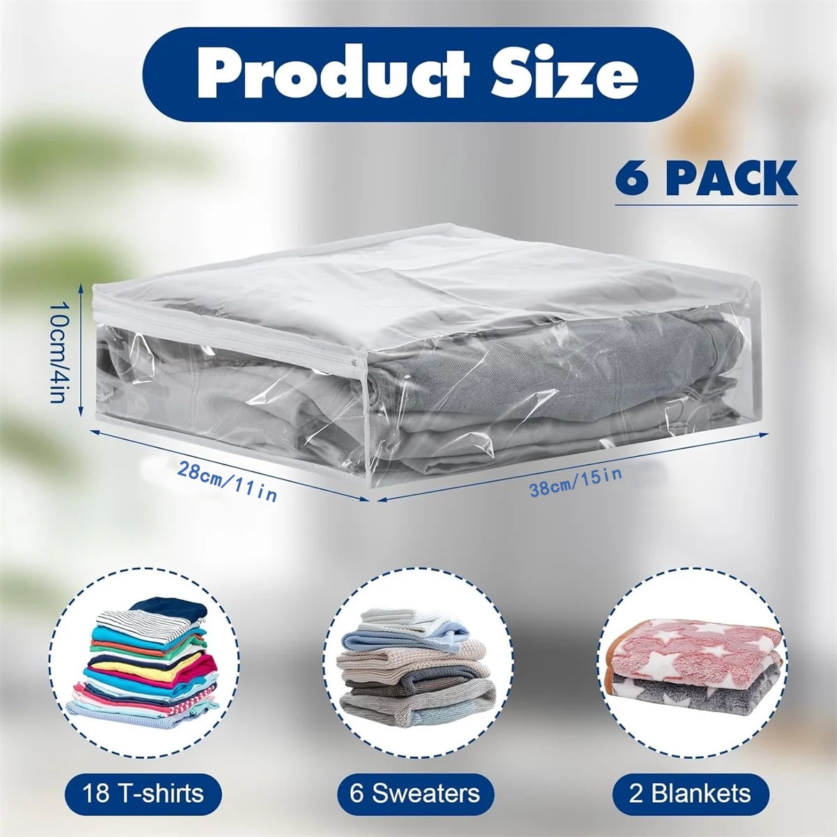 Tutuviw 6 Pcs Clear Vinyl Zippered Sweater Storage Bags,Plastic Clothing Storage Bags with Zipper,Plastic Clothing Storage Bags,Space Saver Comforter Clear Storage Bags,Cube Organizer