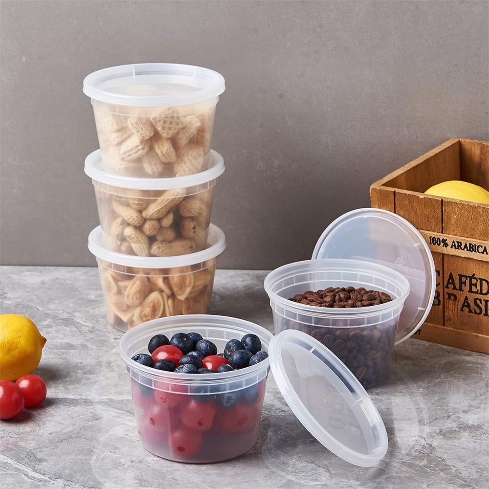 16 oz Deli Containers with Lids,Stackable Food Storage Box,Disposable Takeout Containers,Airtight Leakproof Round Bowls,Non-Spill Plastic Soup Cups,Freezer Safe,for Meal Prep 12Pcs Clear