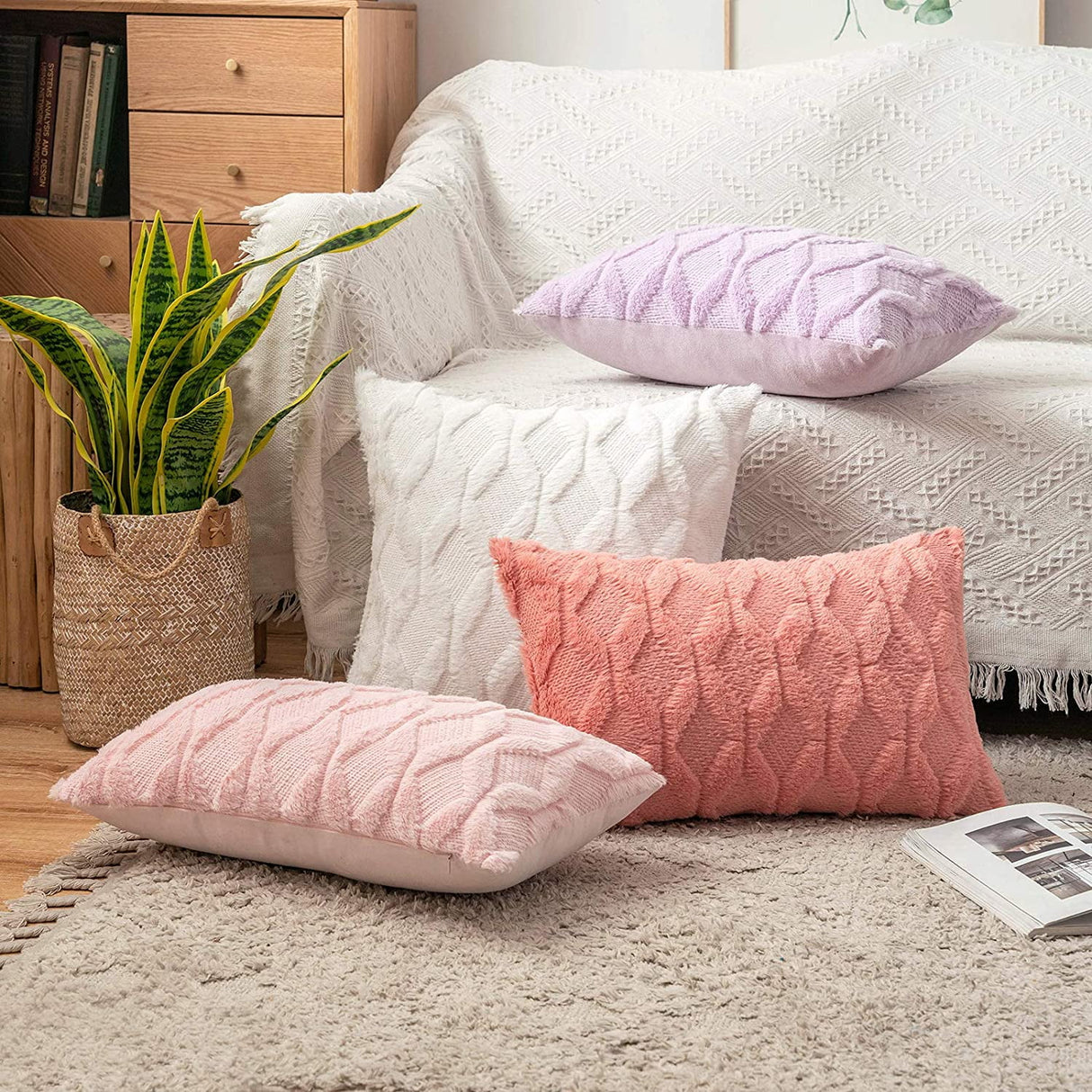 Light Purple Throw Pillow Covers 18x18 Set of 2 Spring Decorative Farmhouse Couch Throw Pillows Boho Shells Soft Winter Plush Wool Winter Pillowcases for Bedroom Living Room Sofa Light Purple 18" x