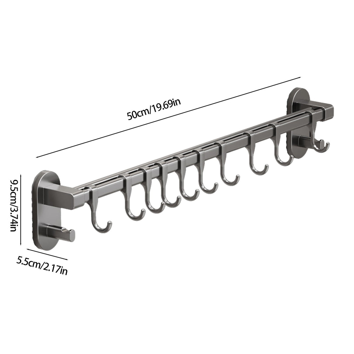 Kitchen Rail with Hooks, Pan and Pot Hangers for Kitchen Wall Mount, Kitchen Hook Rack, No Hole Hanging Rod Wall Mounted Storage Rack, Kitchen Utensil Rack with Removable S Hook, Aluminum Black