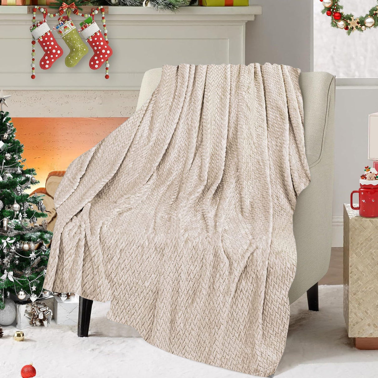 Christmas Solid Color Blanket, 59x39" Soft Warm Throw Blanket, Light-weight Plush Throw Blanket for Bed Sofa Camping Airplane Holiday Beige