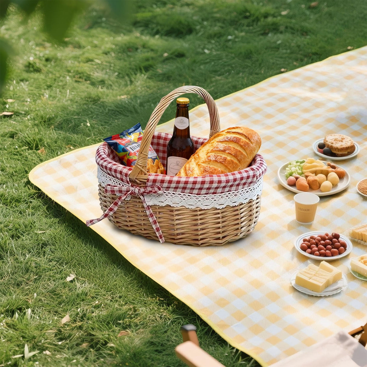 Wicker Picnic Basket with Handles and Linen Cloth Lining, Empty Baskets for Gifts, Woven Easter Basket, Willow Picnic Hamper Garden Harvest Basket, for Easter Egg Gathering, Candy, Toys Red