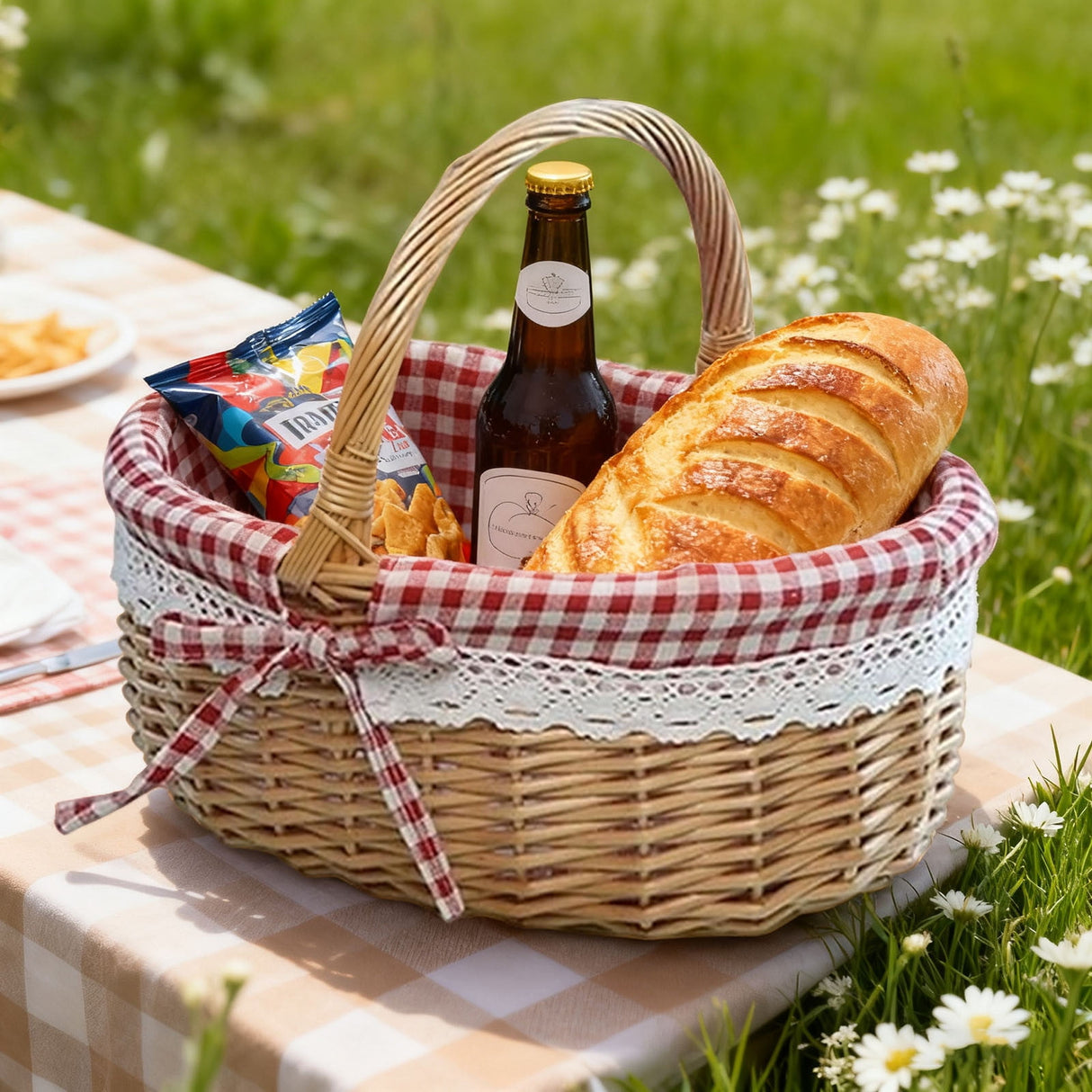 Wicker Picnic Basket with Handles and Linen Cloth Lining, Empty Baskets for Gifts, Woven Easter Basket, Willow Picnic Hamper Garden Harvest Basket, for Easter Egg Gathering, Candy, Toys Red