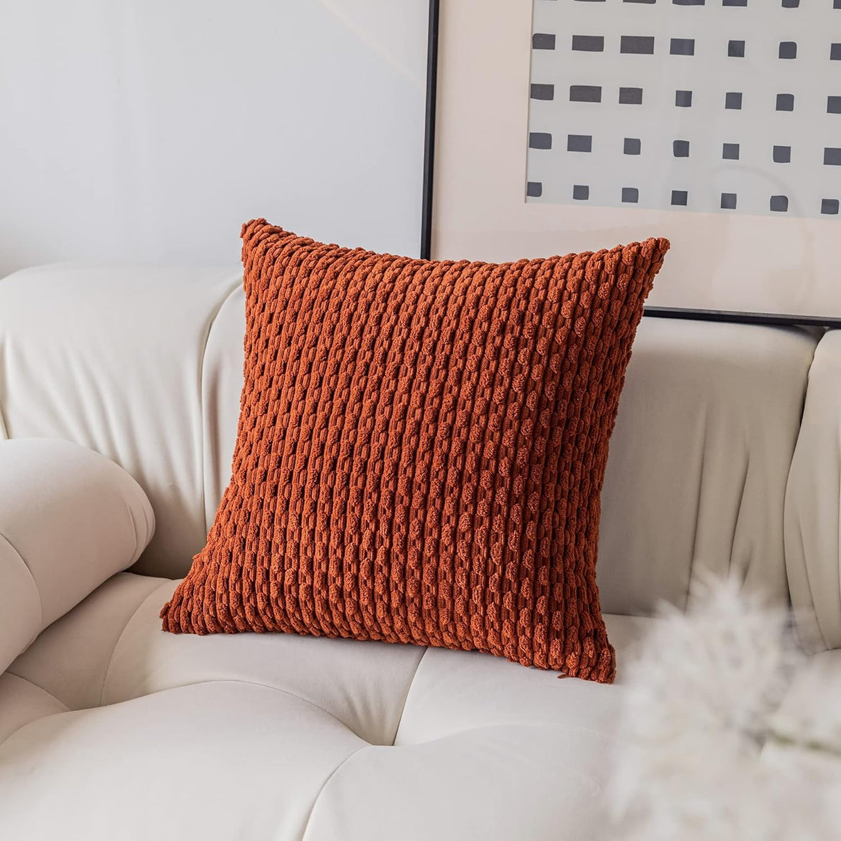 Holzlrgus Fall Set of 2 Striped Textured Velvet Corduroy Decorative Europe Sham Seasonal Autumn Throw Pillow Cushion Cover for Couch, (60x60 cm, 24inch) 22 x 22-Inch Burnt Brick