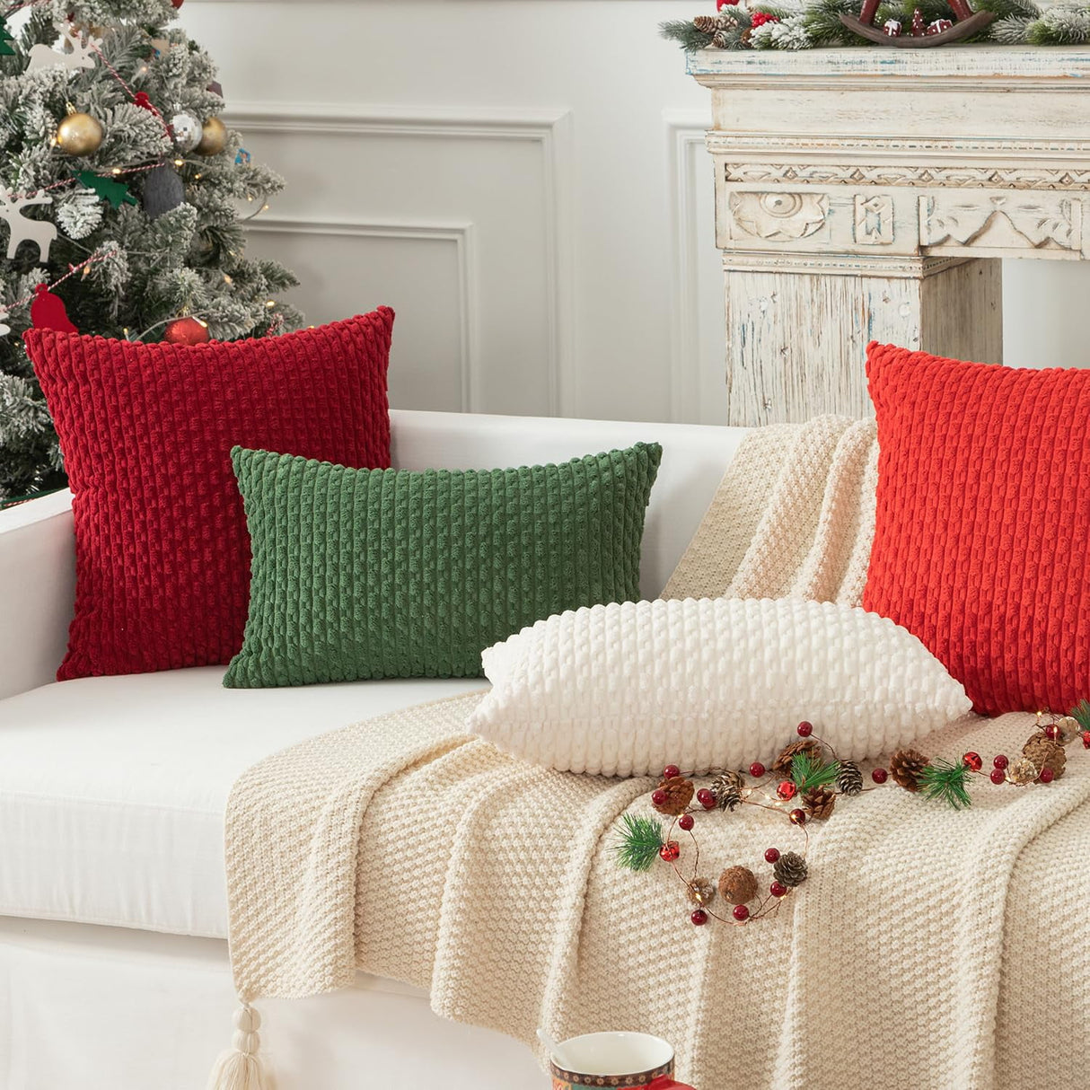 Holzlrgus Fall Set of 2 Striped Textured Velvet Corduroy Decorative Europe Sham Seasonal Autumn Throw Pillow Cushion Cover for Couch, (60x60 cm, 24inch), Burnt Brick 22 x 22-Inch Cream