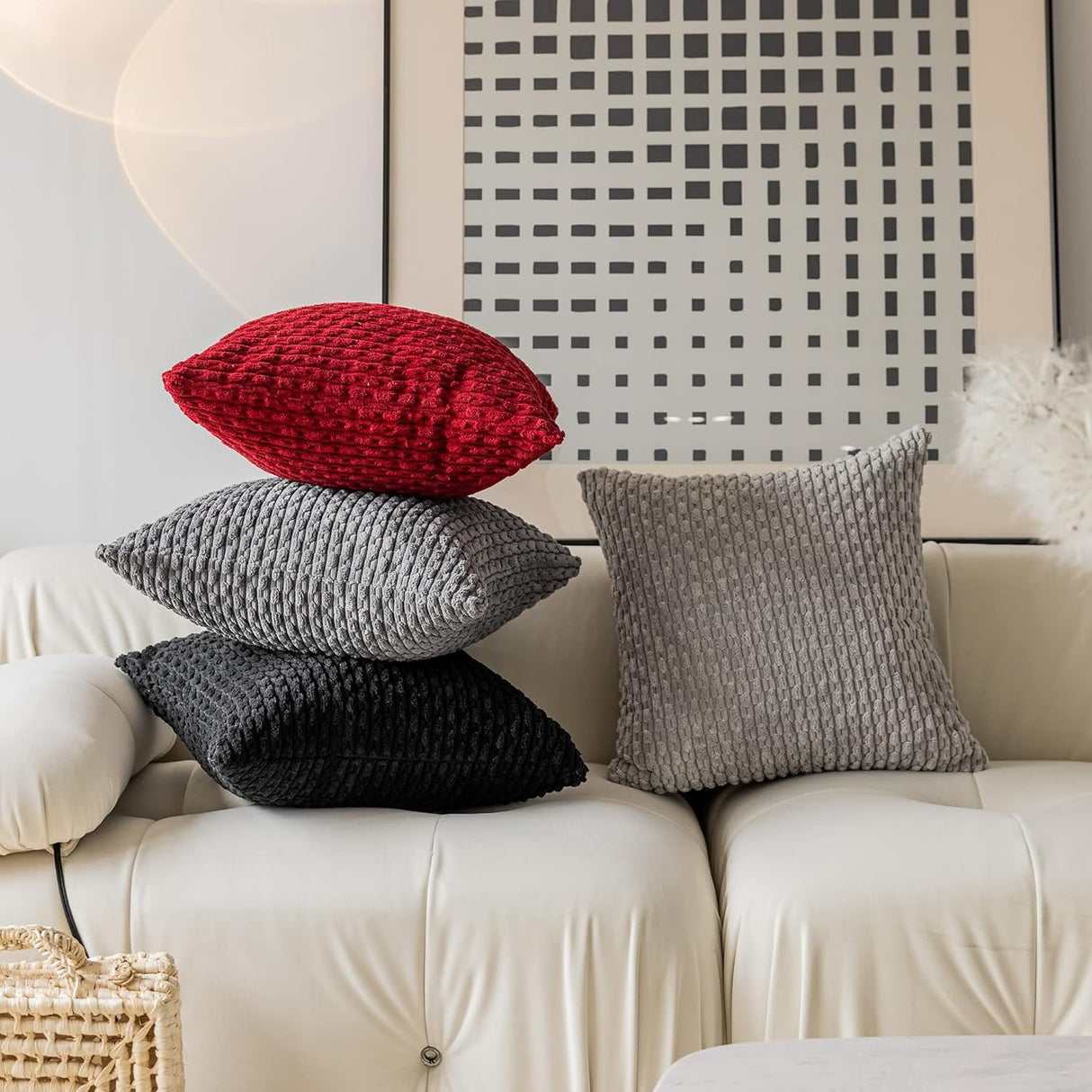 Holzlrgus Fall Set of 2 Striped Textured Velvet Corduroy Decorative Europe Sham Seasonal Autumn Throw Pillow Cushion Cover for Couch, (60x60 cm, 24inch), Burnt Brick 22 x 22-Inch Dark Grey
