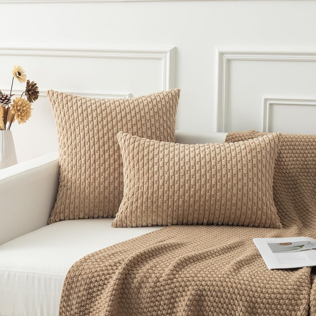 Holzlrgus Fall Set of 2 Striped Textured Velvet Corduroy Decorative Europe Sham Seasonal Autumn Throw Pillow Cushion Cover for Couch, (60x60 cm, 24inch), Burnt Brick 22 x 22-Inch Tan