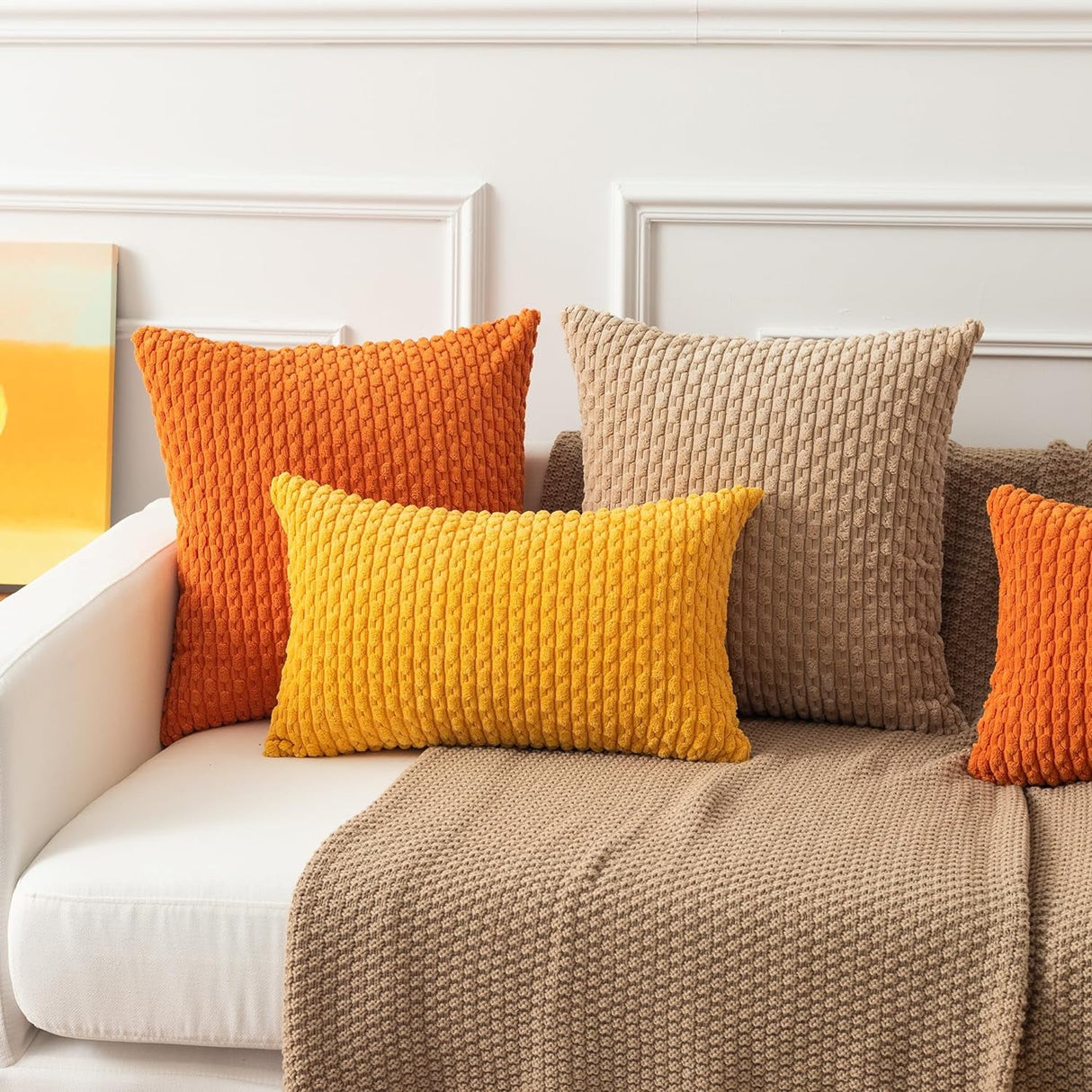 Holzlrgus Fall Set of 2 Striped Textured Velvet Corduroy Decorative Europe Sham Seasonal Autumn Throw Pillow Cushion Cover for Couch, (60x60 cm, 24inch), Burnt Brick 22 x 22-Inch Tan