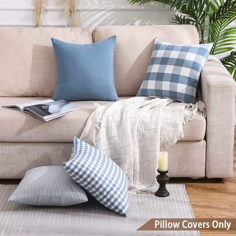 Light Blue Farmhouse Buffalo Plaid Pillow Covers 18x18 Set of 2 Patio Outdoor Decor Neutral Checkered Pillow Covers 18 x 18, Blue and White Gingham Pinstripe 18"x18", Set of 2 Greyish Blue