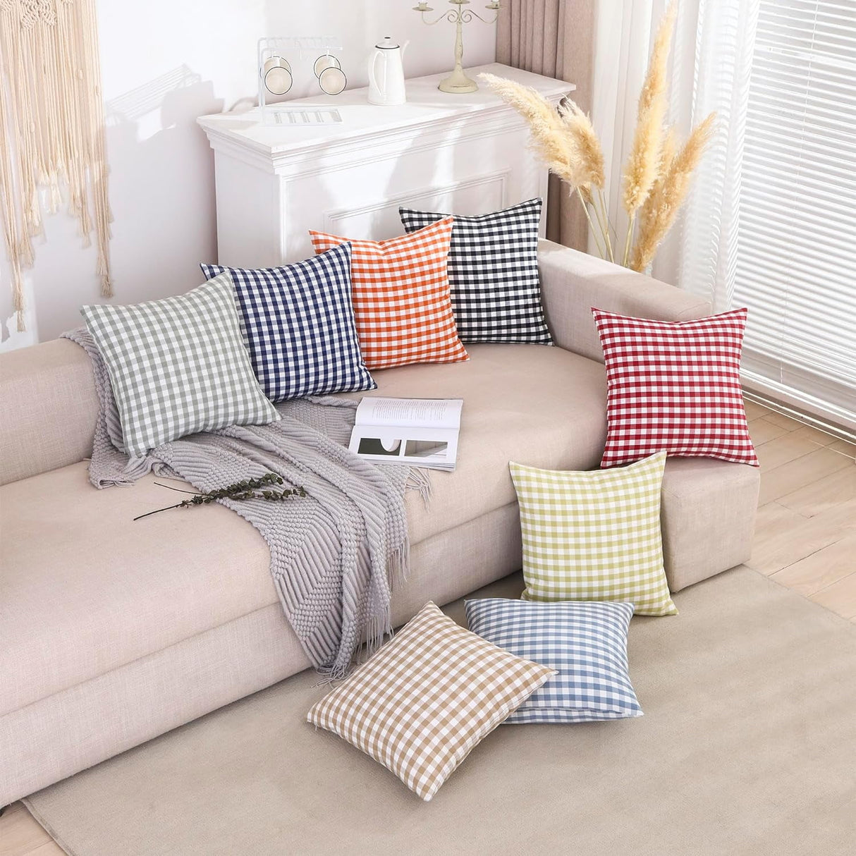 Light Blue Farmhouse Buffalo Plaid Pillow Covers 18x18 Set of 2 Patio Outdoor Decor Neutral Checkered Pillow Covers 18 x 18, Blue and White Gingham Pinstripe 18"x18", Set of 2 Greyish Blue