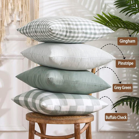 Light Blue Farmhouse Buffalo Plaid Pillow Covers 18x18 Set of 2 Patio Outdoor Decor Neutral Checkered Pillow Covers 18 x 18, Blue and White Gingham Pinstripe 18"x18", Set of 2 Greyish Green