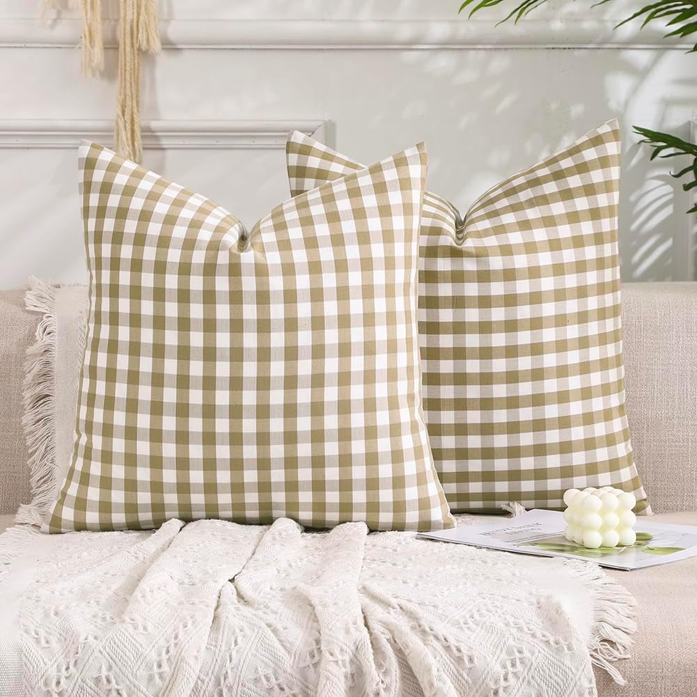 Light Blue Farmhouse Buffalo Plaid Pillow Covers 18x18 Set of 2 Patio Outdoor Decor Neutral Checkered Pillow Covers 18 x 18, Blue and White Gingham Plaid Gingham 18"x18", Set of 2 Khaki