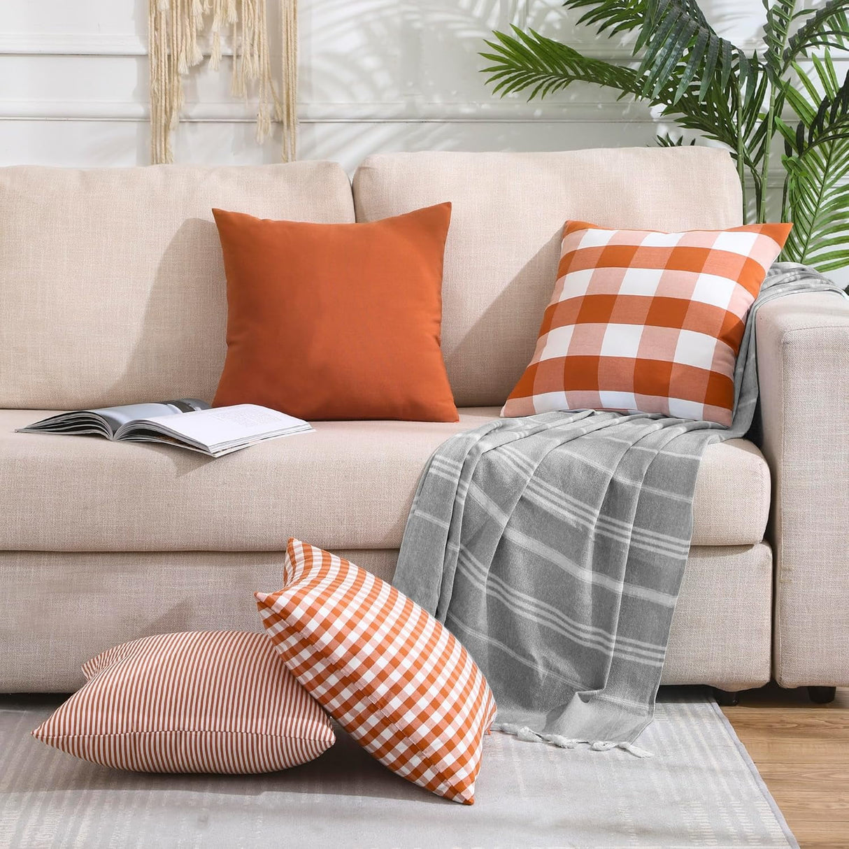 Light Blue Farmhouse Buffalo Plaid Pillow Covers 18x18 Set of 2 Patio Outdoor Decor Neutral Checkered Pillow Covers 18 x 18, Blue and White Gingham Pinstripe 18"x18", Set of 2 Orange
