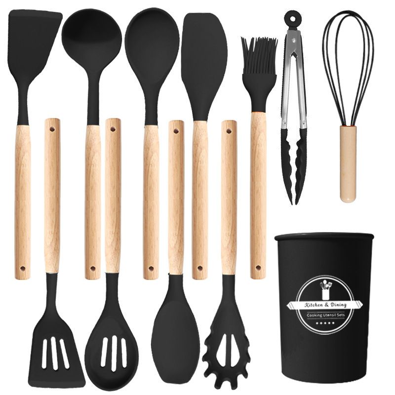 12 Pcs Silicone Cooking Kitchen Utensils Set with Holder, Wooden Handles Cooking Tool, Turner Pliers Spatula Spoon Kitchen Gadget Suit for Non-Stick Cookware, Women's Gifts 13×4 in Black
