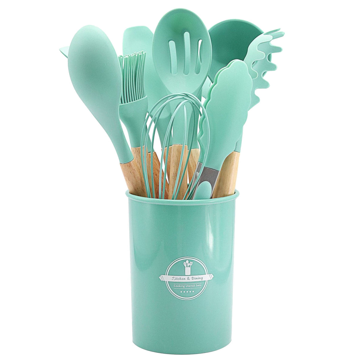Chmadoxn 12 Pcs Silicone Cooking Kitchen Utensils Set with Holder, Wooden Handles Cooking Tool, Turner Pliers Spatula Spoon Kitchen Gadget Suit for Non-Stick Cookware, Women's Gifts 13×4 in Pink