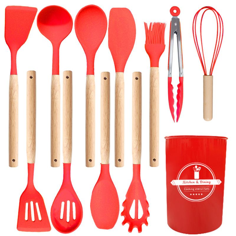 12 Pcs Silicone Cooking Kitchen Utensils Set with Holder, Wooden Handles Cooking Tool, Turner Pliers Spatula Spoon Kitchen Gadget Suit for Non-Stick Cookware, Women's Gifts 13×4 in Red