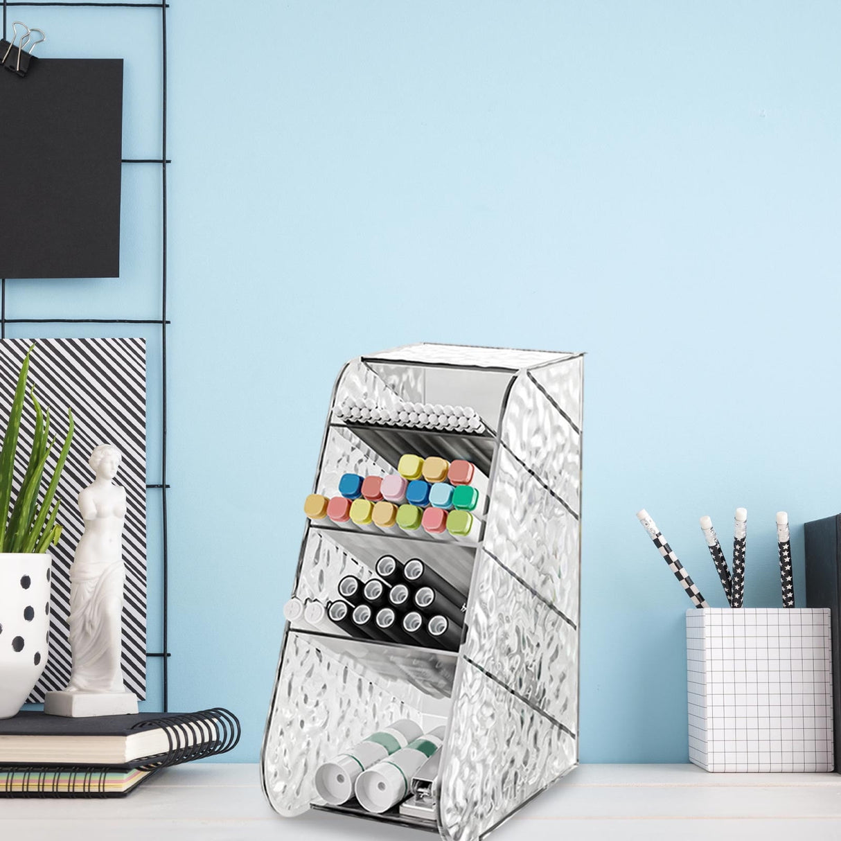 Kdkad Slanted Desktop Organizer - Clear Acrylic Pen Holder w/ Angled Slots, Cosmetic Brush Storage & Office Supply Tray for Desk (Multi-Use Stationery Box)\u200b\u200b M White