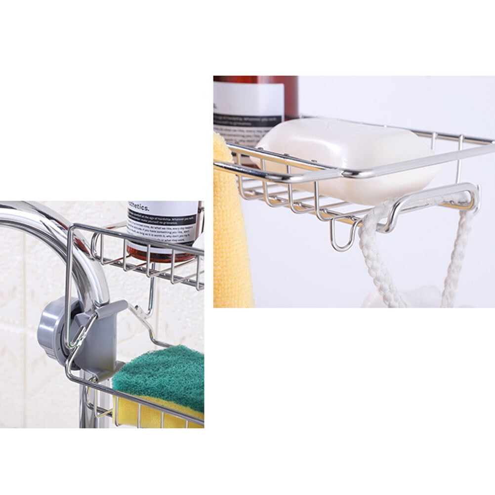 HOOWIFFY Silver Stainless Steel Faucet Storage Rack Adjustable Sponge Holder for Draining Kitchen Sink 7.5x3.5x4.7 Inches