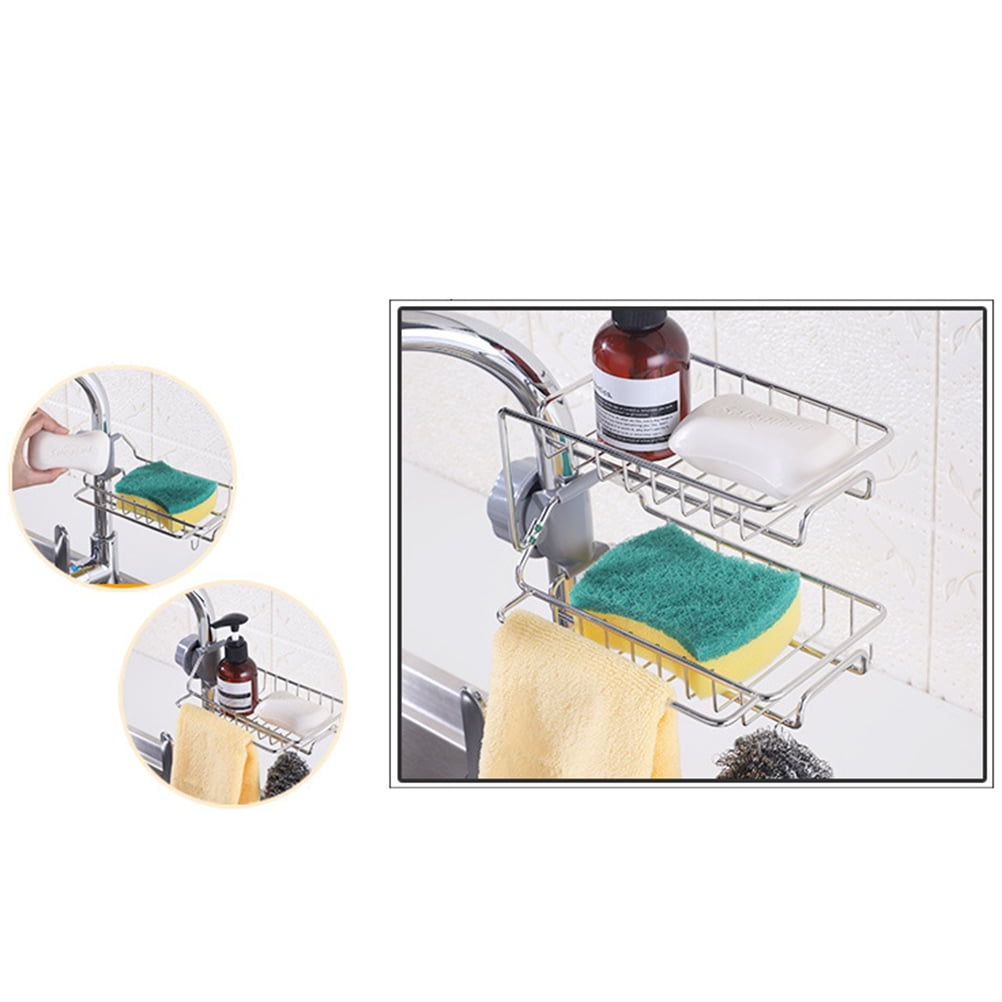 HOOWIFFY Silver Stainless Steel Faucet Storage Rack Adjustable Sponge Holder for Draining Kitchen Sink 7.5x3.5x4.7 Inches