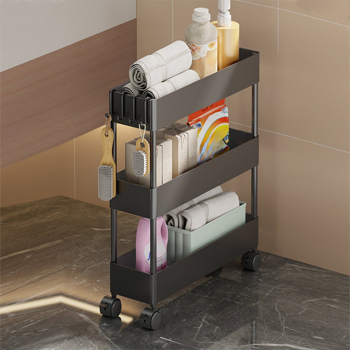 Kdkad Slim Space Saver Rolling Cart, 4.7-Inch Wide Storage Organizer with Wheels for Bathroom, Laundry Room, Between Washer & Toilet, 3-Tier Slim Design Black