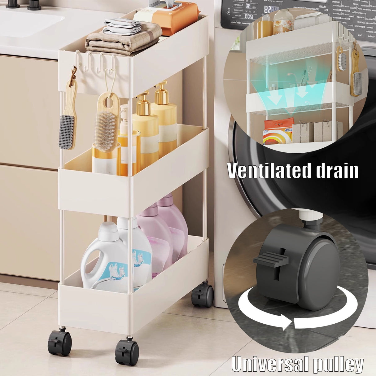 Kdkad Slim Space Saver Rolling Cart, 4.7-Inch Wide Storage Organizer with Wheels for Bathroom, Laundry Room, Between Washer & Toilet, 3-Tier Slim Design White