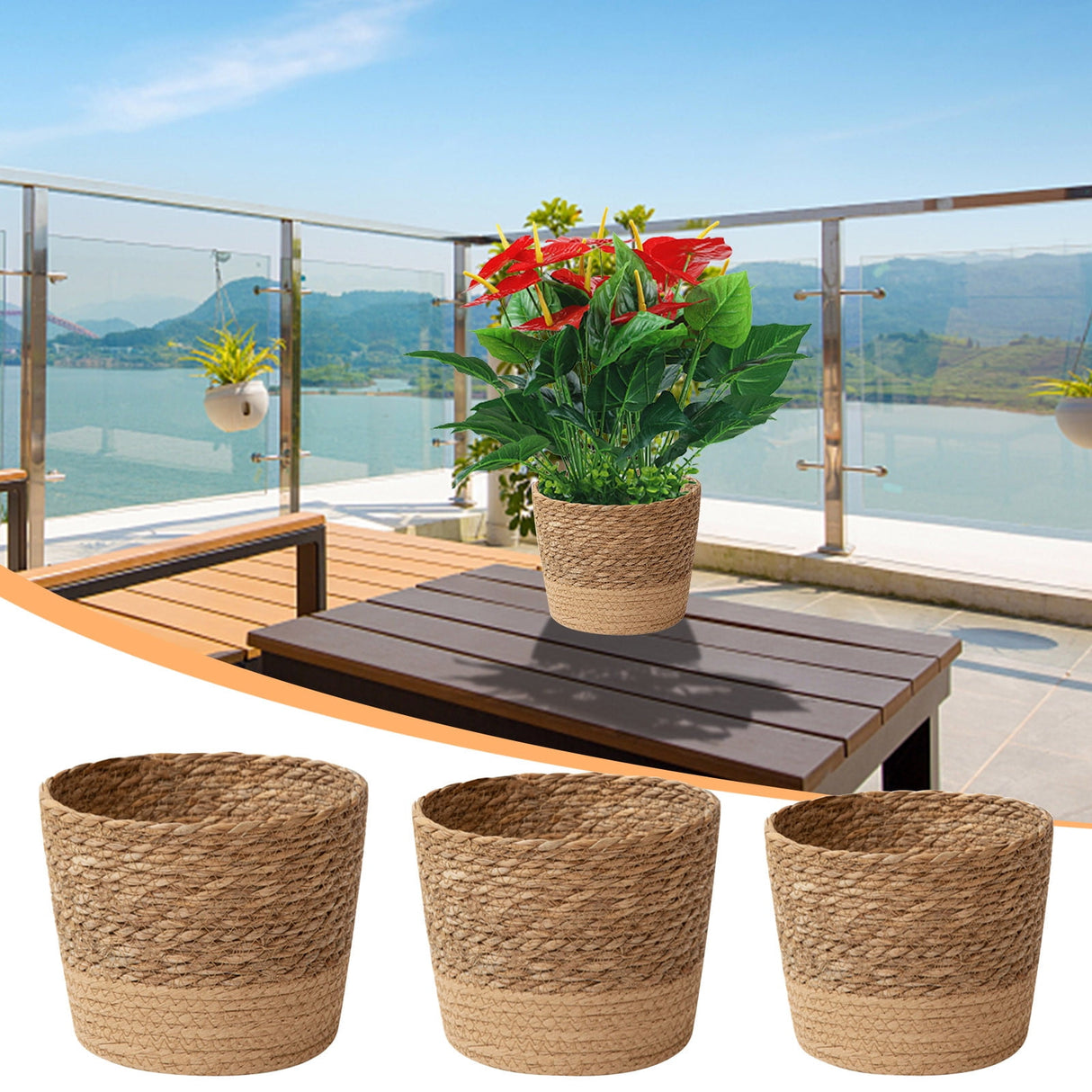 Darzheoy Woven Seagrass Plant Basket, Flower Pots Home Boho Decor, Storage Picnic Grocery Straw Bag for Plant Artificial Tree - 5.5"×8.7"×6.3 E